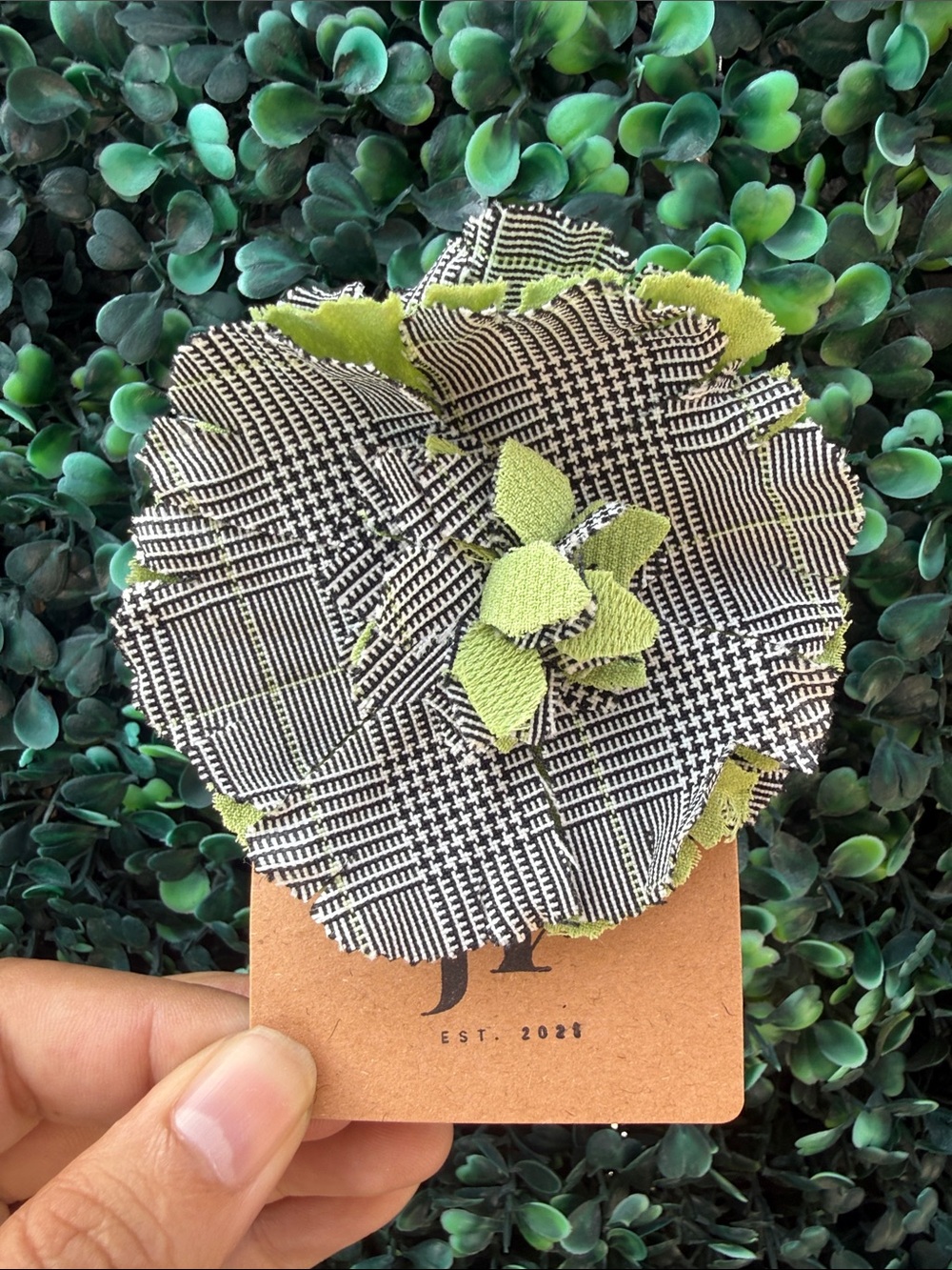 Hand Crafted Black & Lime Plaid Fabric Flower Brooch